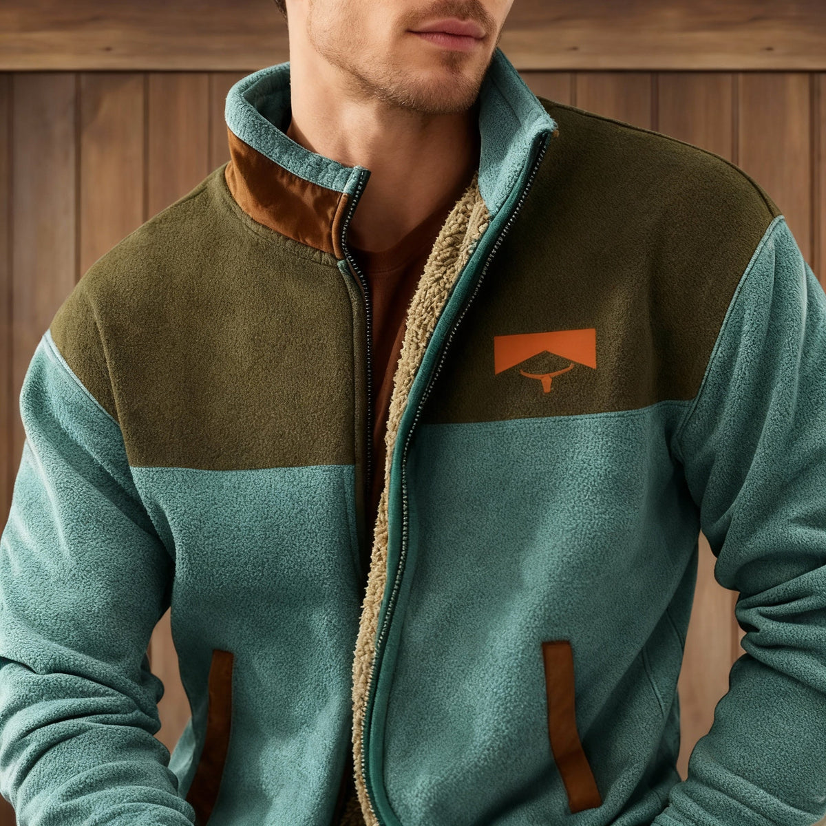 Men Fleece Jacket Full Zip Colorblock Stand Collar