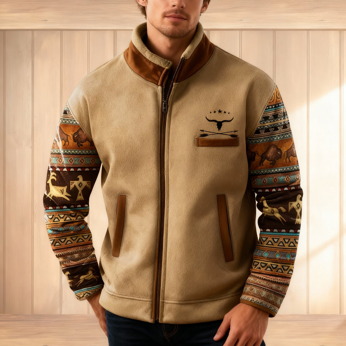 Men Fleece Jacket Full Zip Colorblock Stand Collar