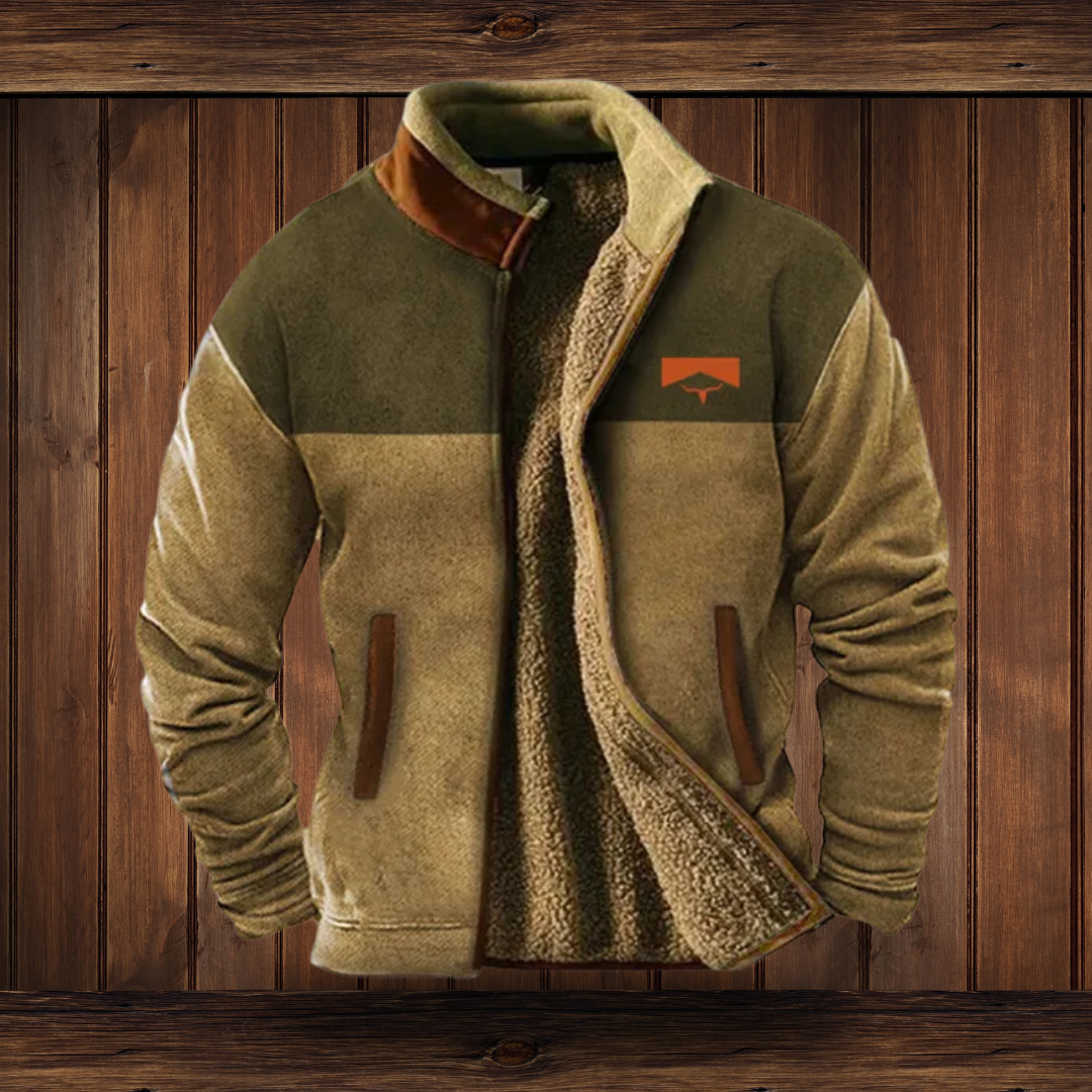 Men Fleece Jacket Full Zip Colorblock Stand Collar
