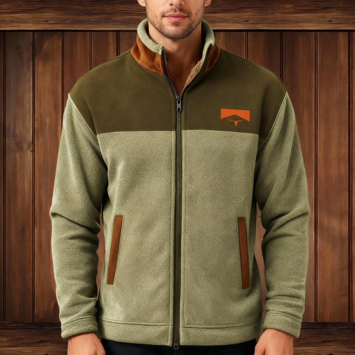 Men Fleece Jacket Full Zip Colorblock Stand Collar