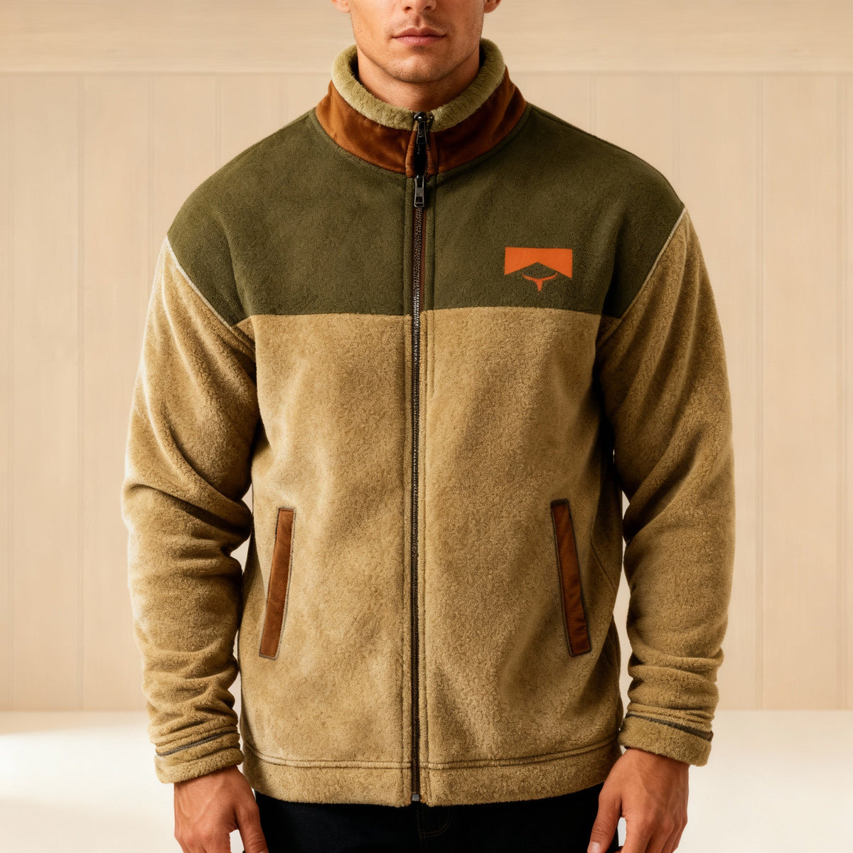 Men Fleece Jacket Full Zip Colorblock Stand Collar