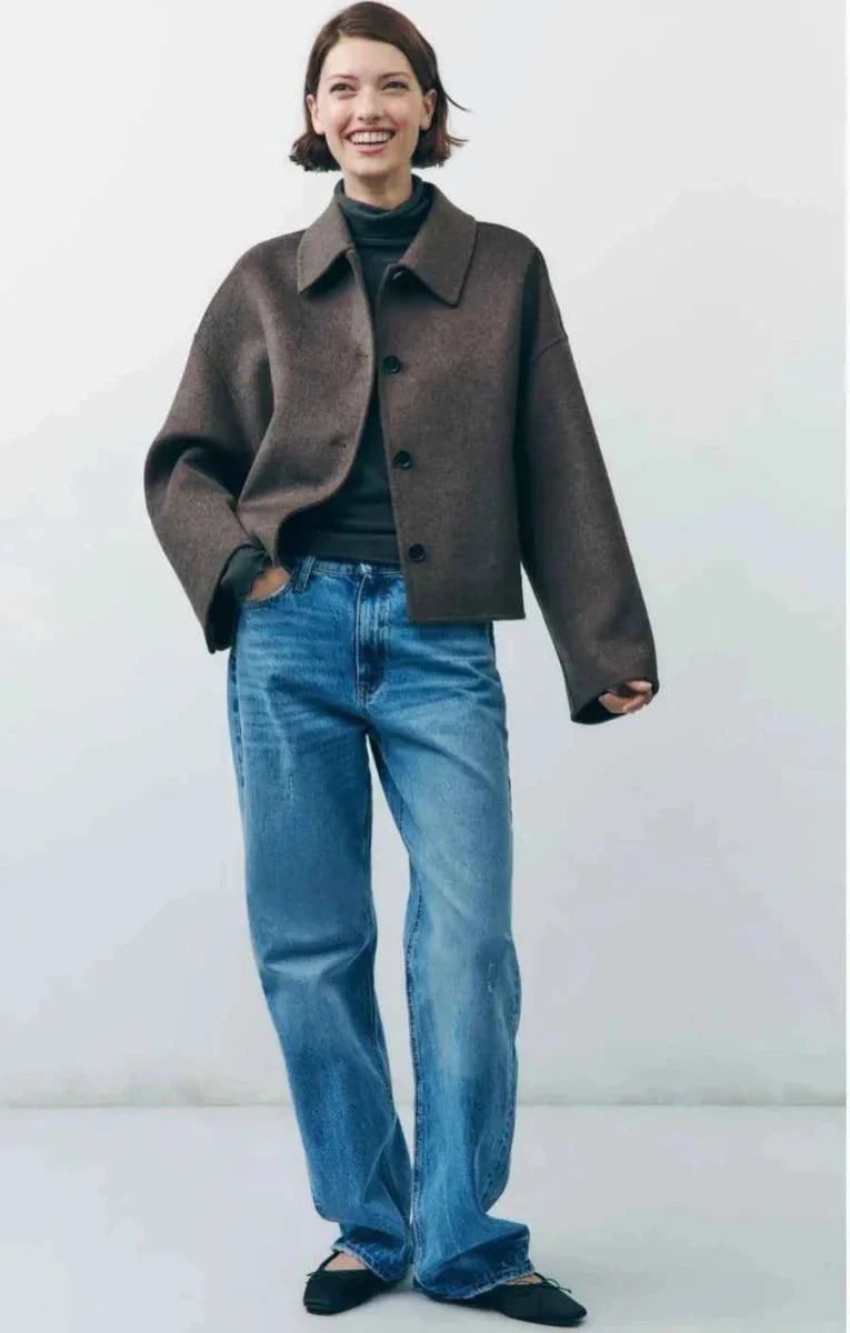Women's Oversize Coat | Brown, High Neck, Hidden Button