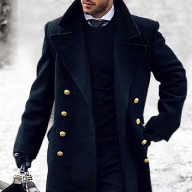 Men double breasted long coat with lapel collar in navy blue