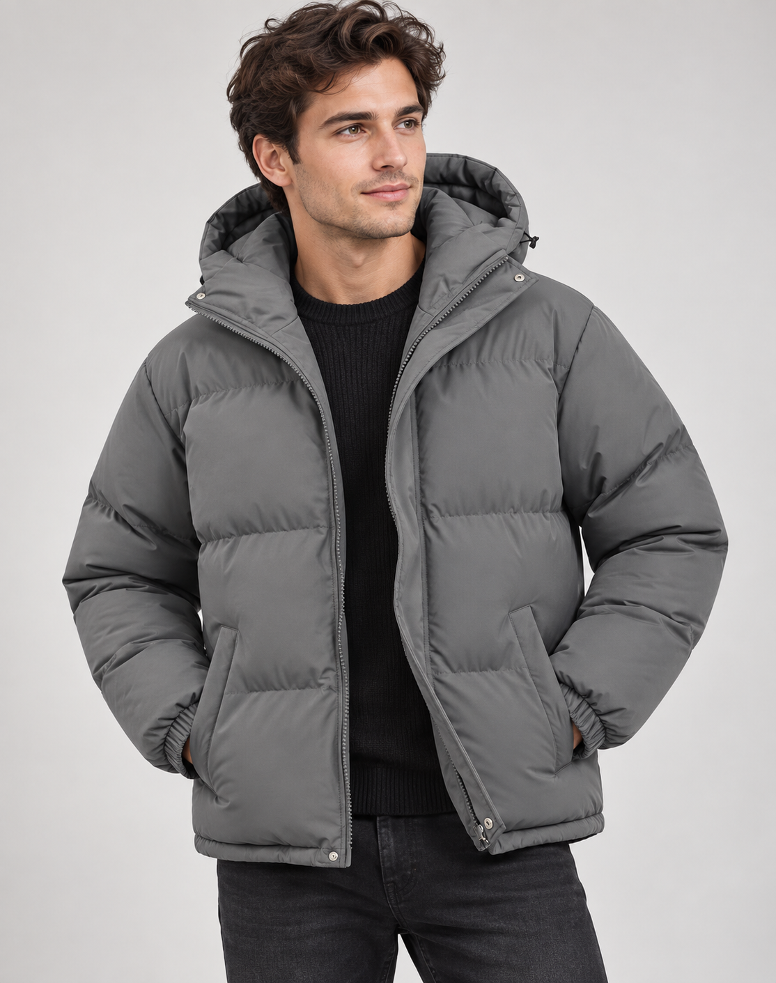Men puffer winter jacket with hood and full zip closure