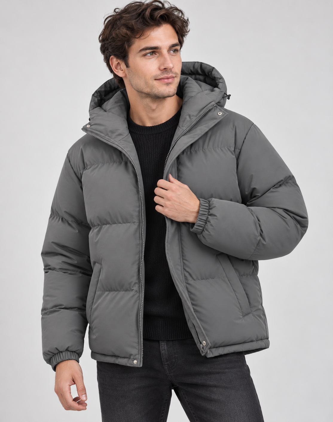 Men puffer winter jacket with hood and full zip closure