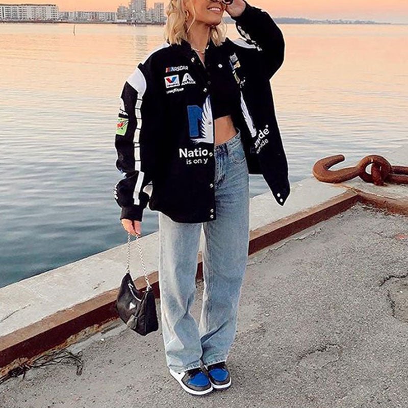 Women's Oversized Racing Jacket | Streetwear, Polyester | Yellow Black