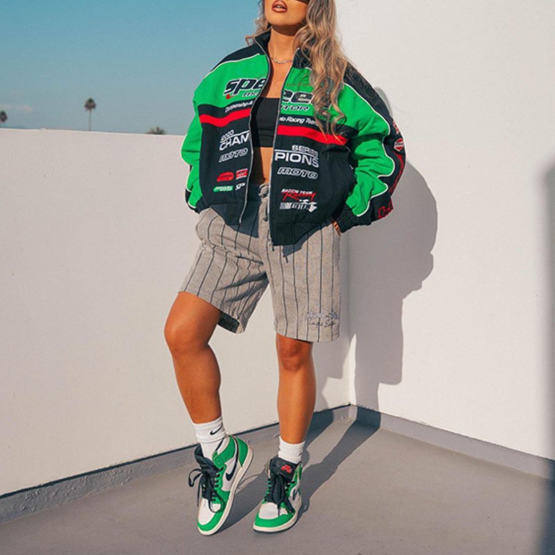 Women's Oversized Racing Jacket | Streetwear, Polyester | Yellow Black