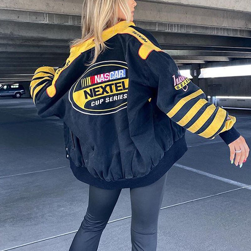 Women's Oversized Racing Jacket | Streetwear, Polyester | Yellow Black
