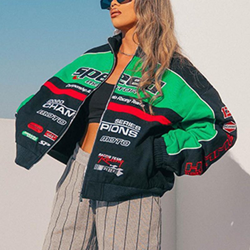 Women's Oversized Racing Jacket | Streetwear, Polyester | Yellow Black