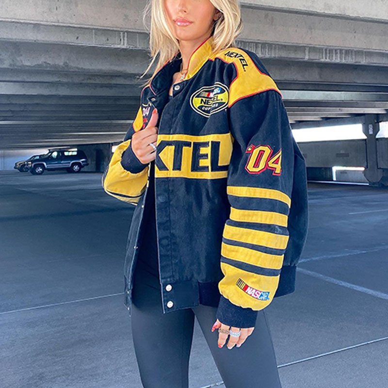 Women's Oversized Racing Jacket | Streetwear, Polyester | Yellow Black