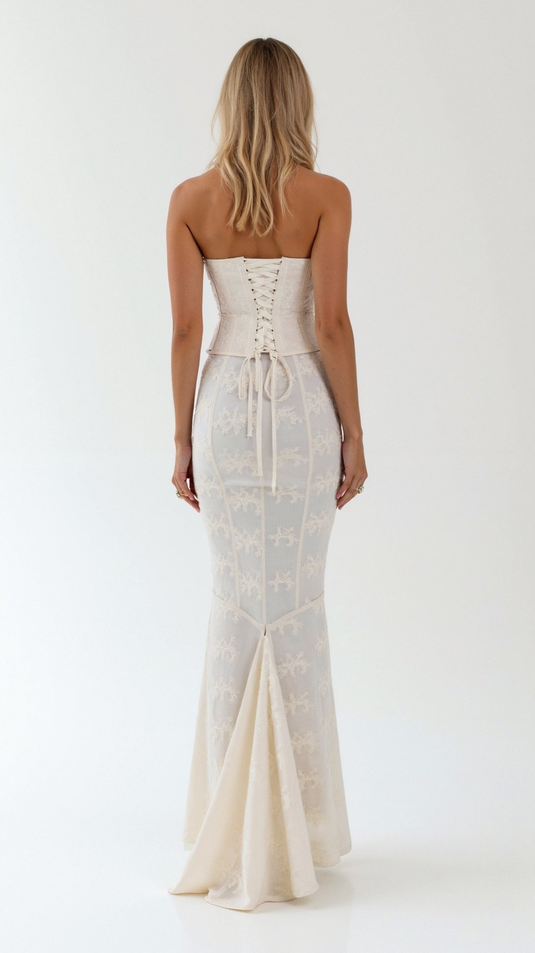 Corset Lace Maxi Dress | Strapless Bustier | White