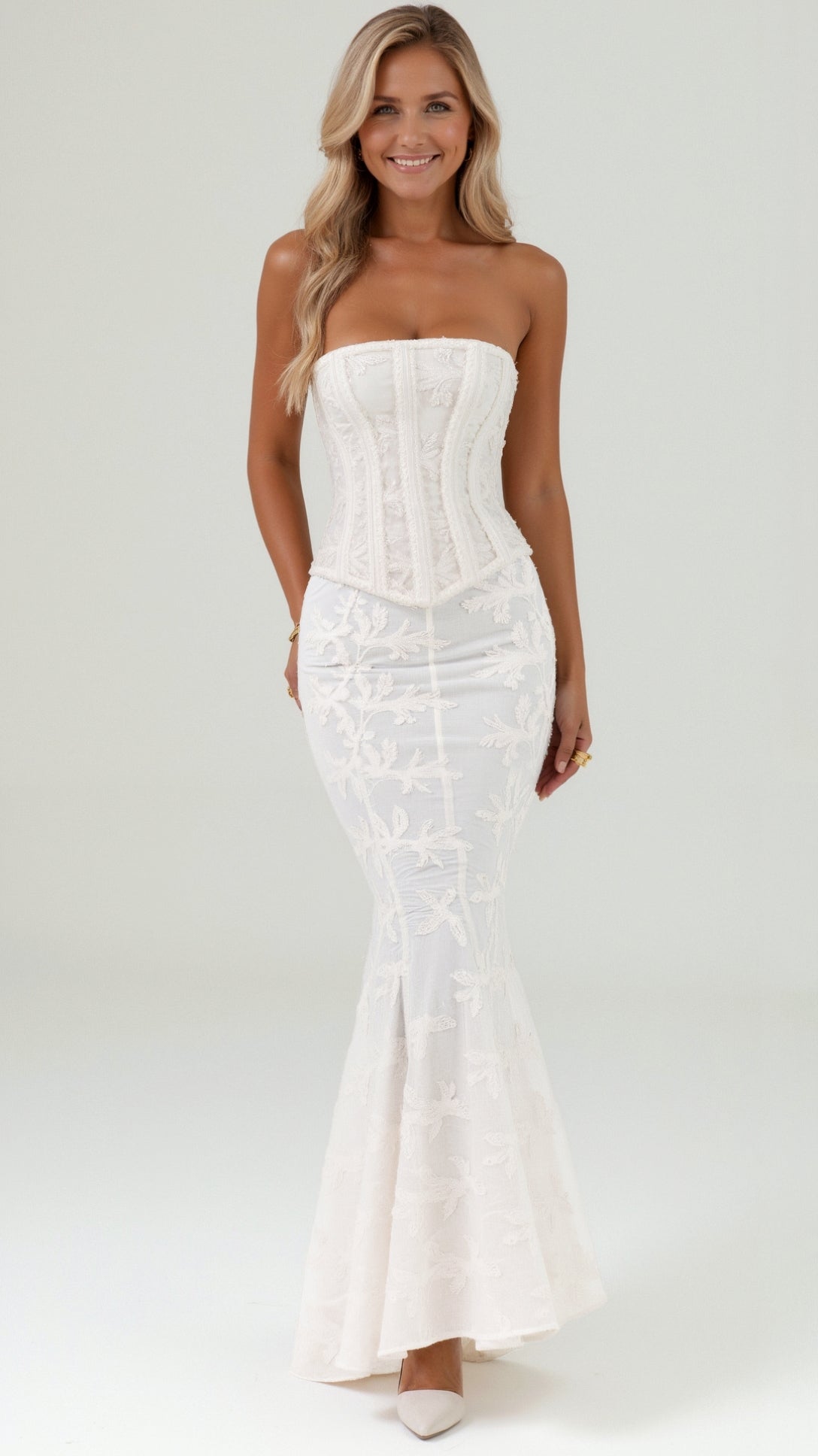 Corset Lace Maxi Dress | Strapless Bustier | White