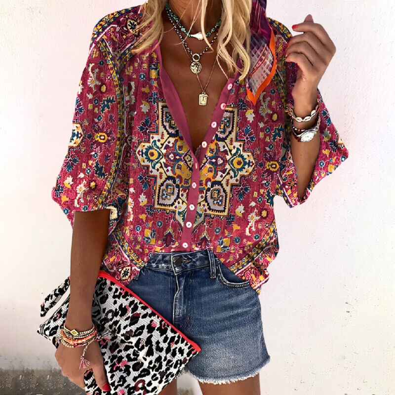 Women's Linen Blouse | Boho Print, V-Neck Long Sleeve