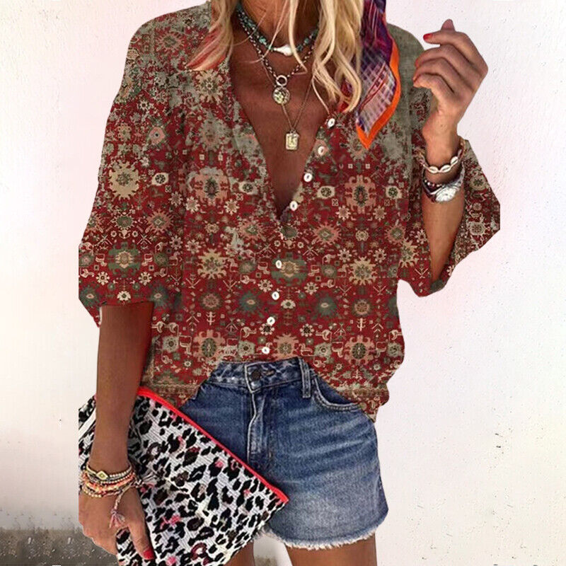 Women's Linen Blouse | Boho Print, V-Neck Long Sleeve