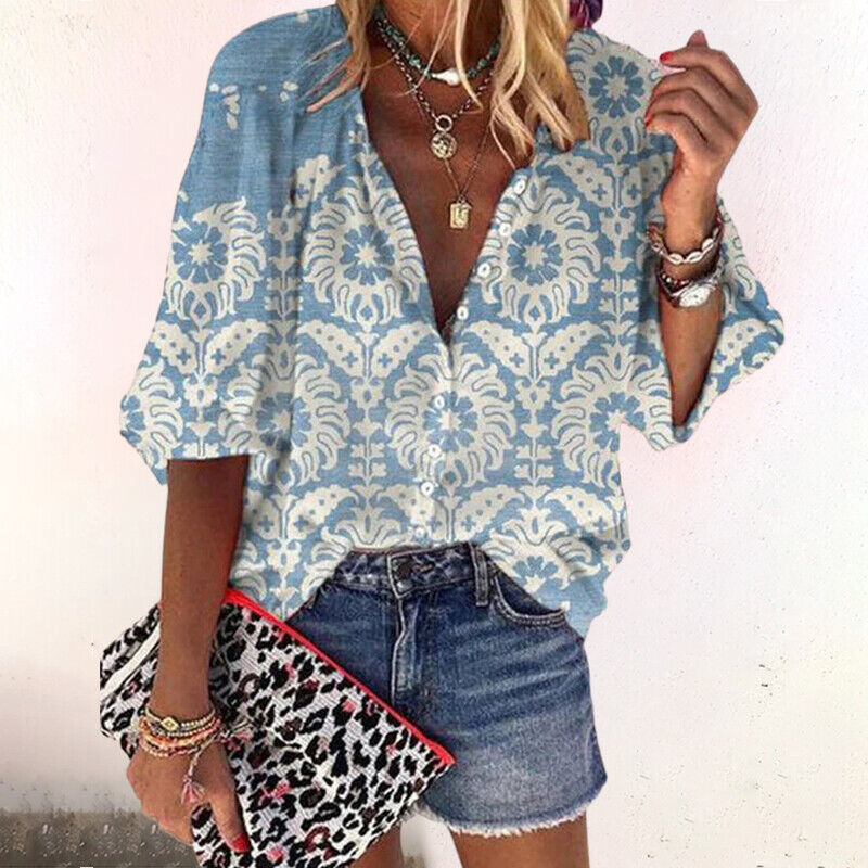 Women's Linen Blouse | Boho Print, V-Neck Long Sleeve