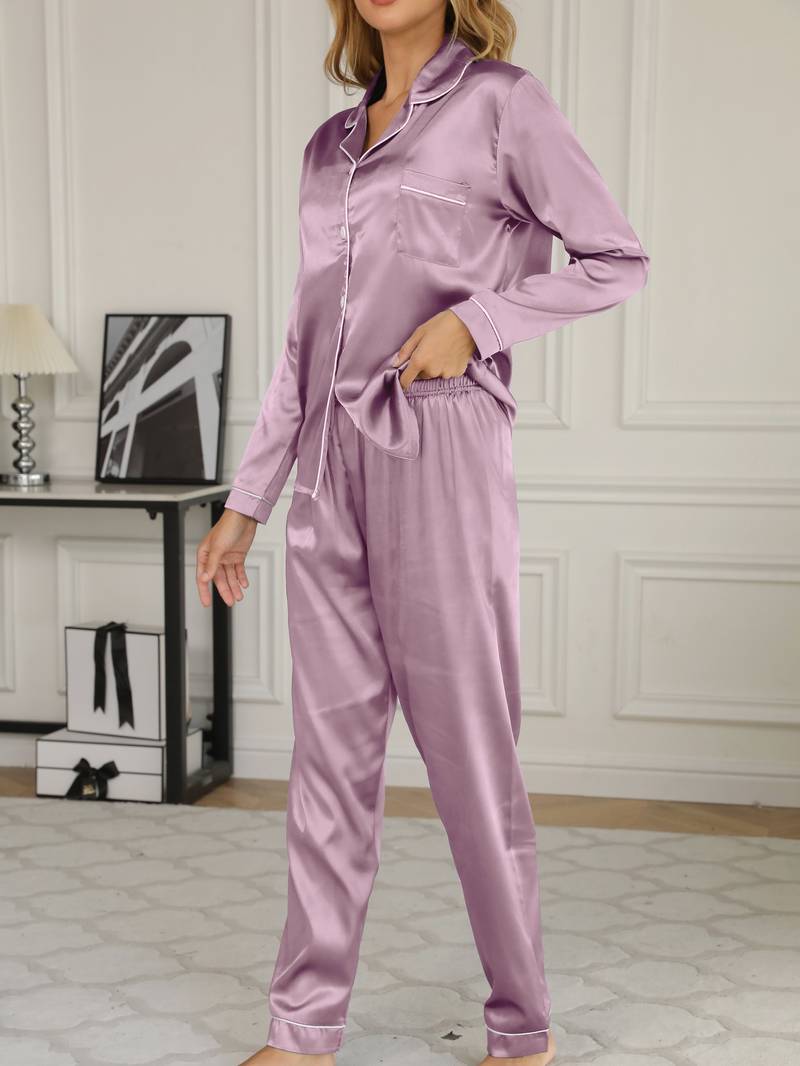 Womens satin pyjamas two piece set with long trousers and subtle sheen