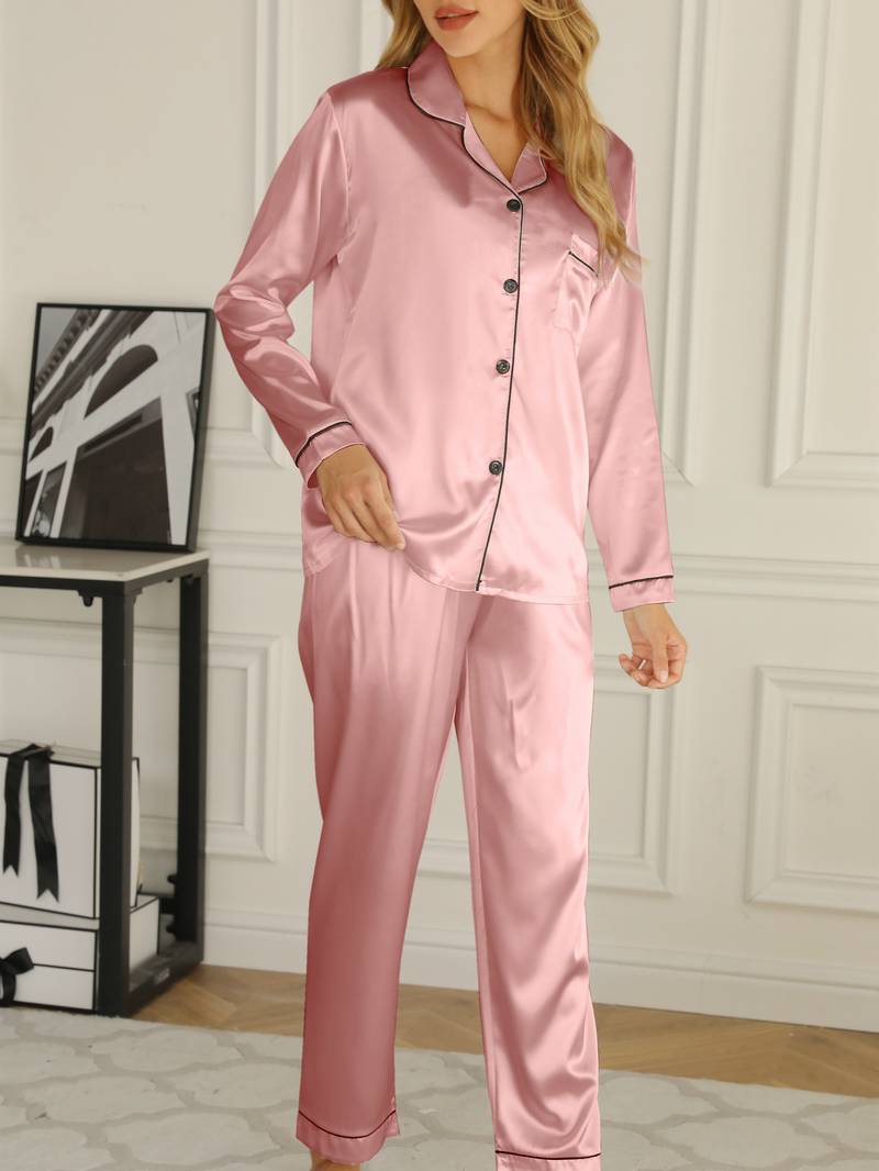 Womens satin pyjamas two piece set with long trousers and subtle sheen