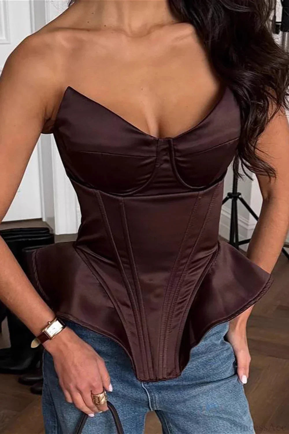 Corset Set | Satin Fabric, Strapless | Black, Brown