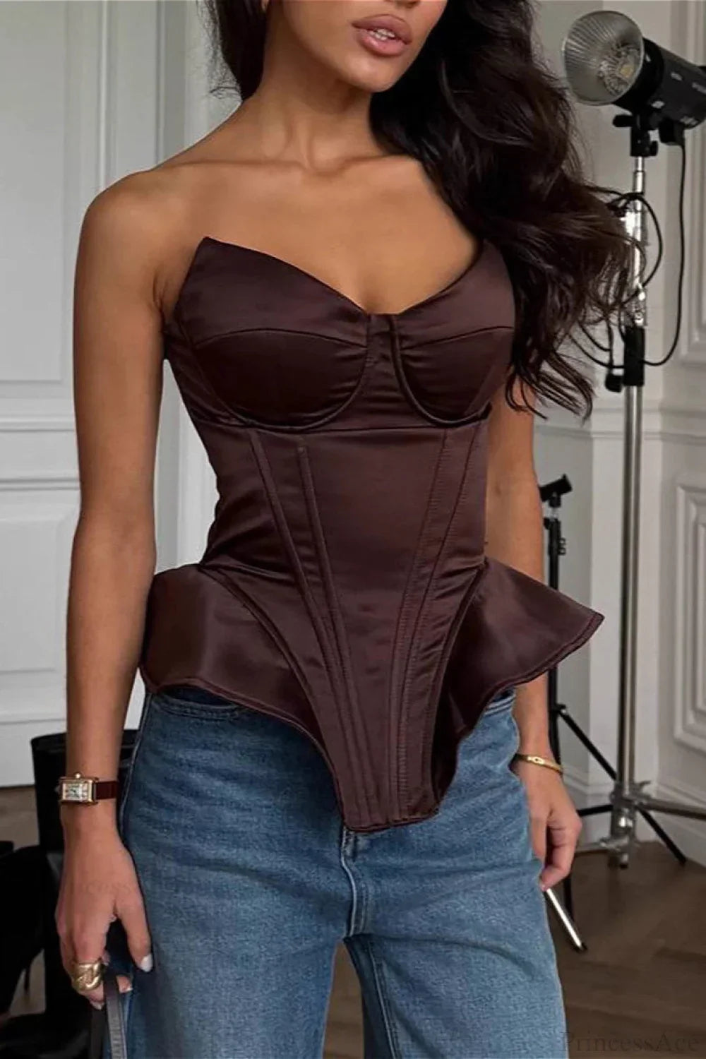 Corset Set | Satin Fabric, Strapless | Black, Brown