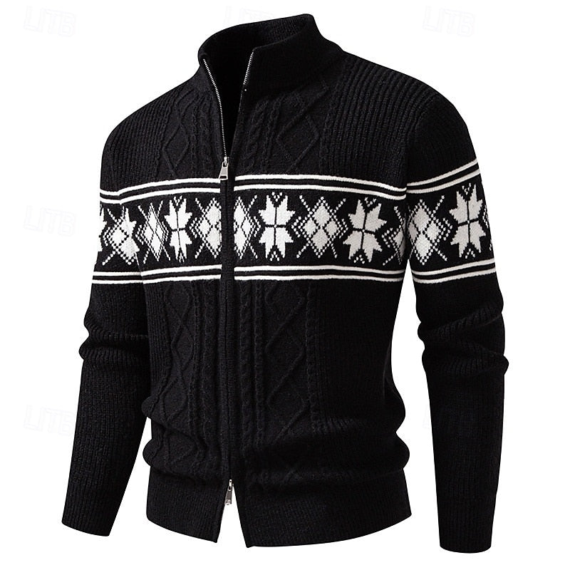 Men fair isle knitted cardigan with full zip and stand collar