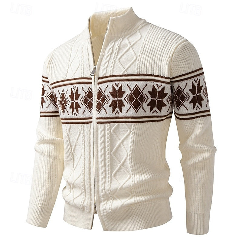 Men fair isle knitted cardigan with full zip and stand collar