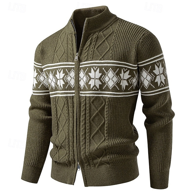 Men fair isle knitted cardigan with full zip and stand collar