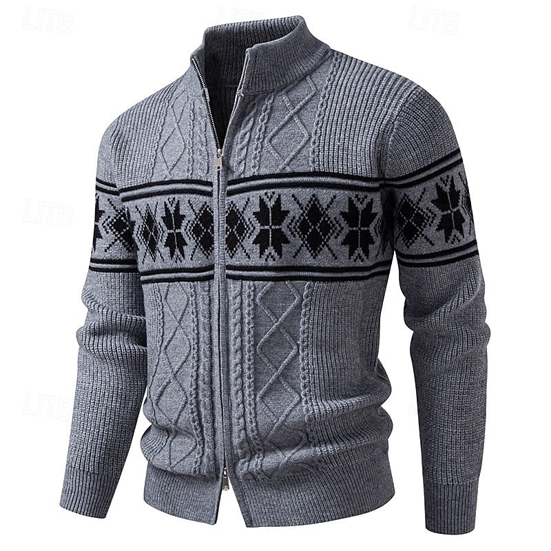 Men fair isle knitted cardigan with full zip and stand collar
