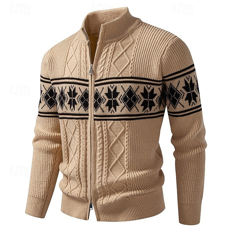 Men fair isle knitted cardigan with full zip and stand collar