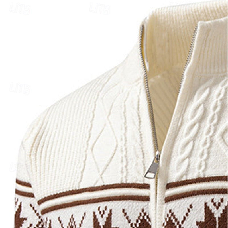 Men fair isle knitted cardigan with full zip and stand collar