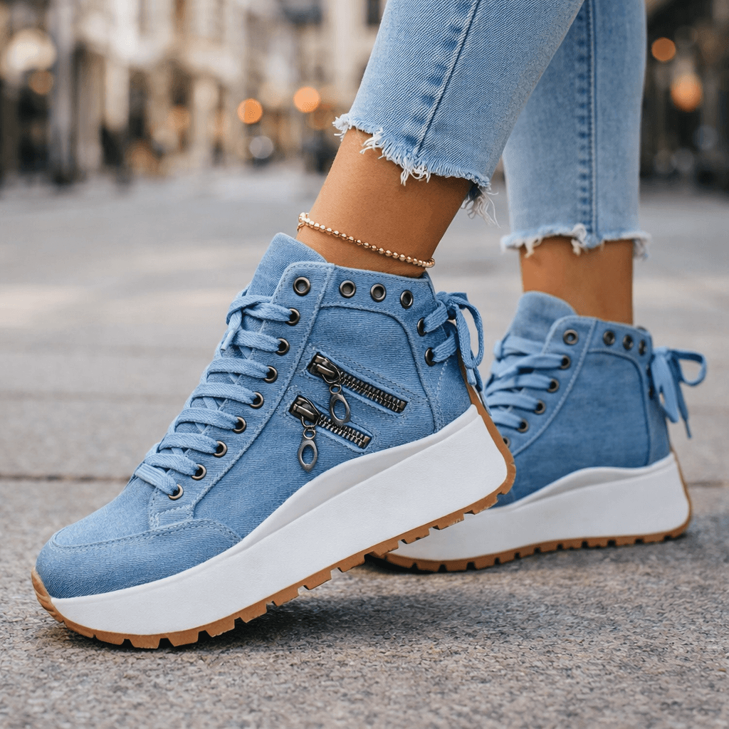 Women high top sneakers platform sole side zip detail in black
