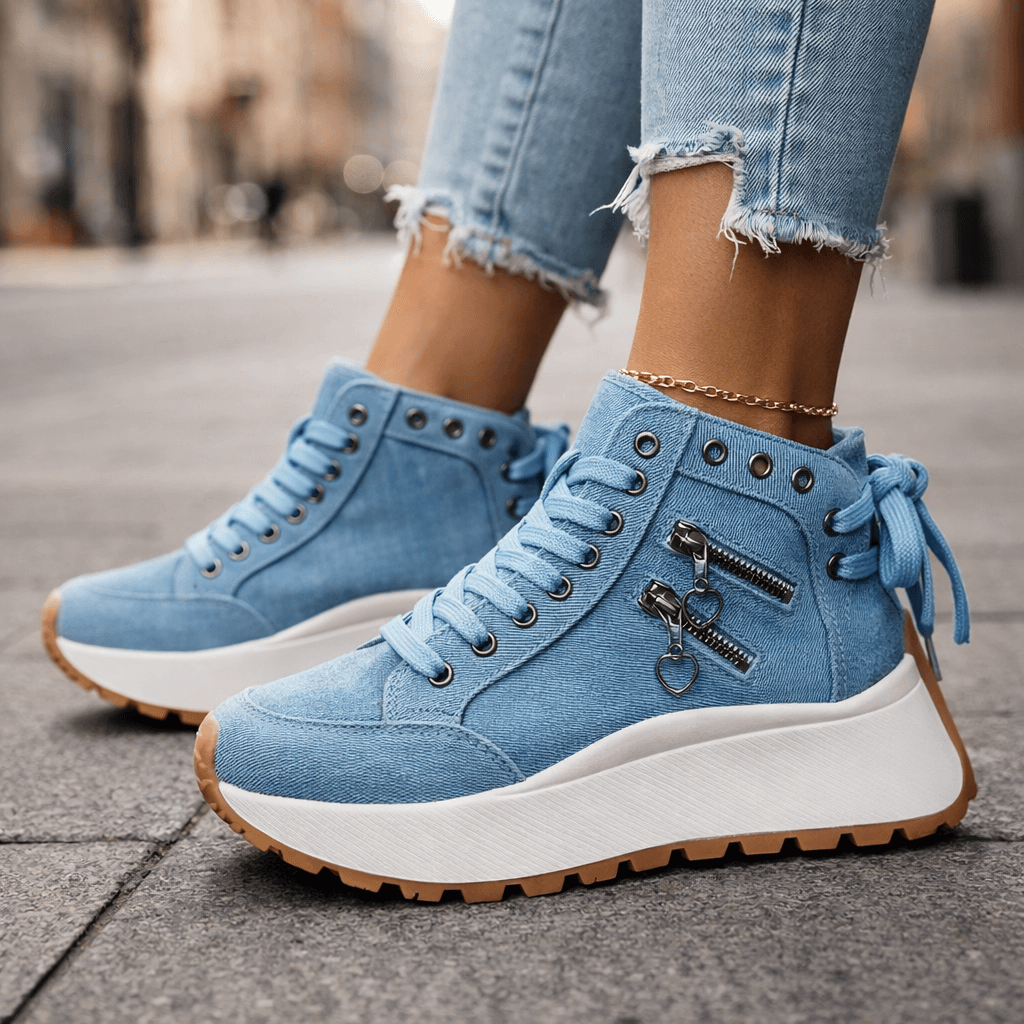 Women high top sneakers platform sole side zip detail in black