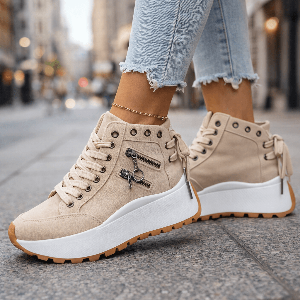 Women high top sneakers platform sole side zip detail in black