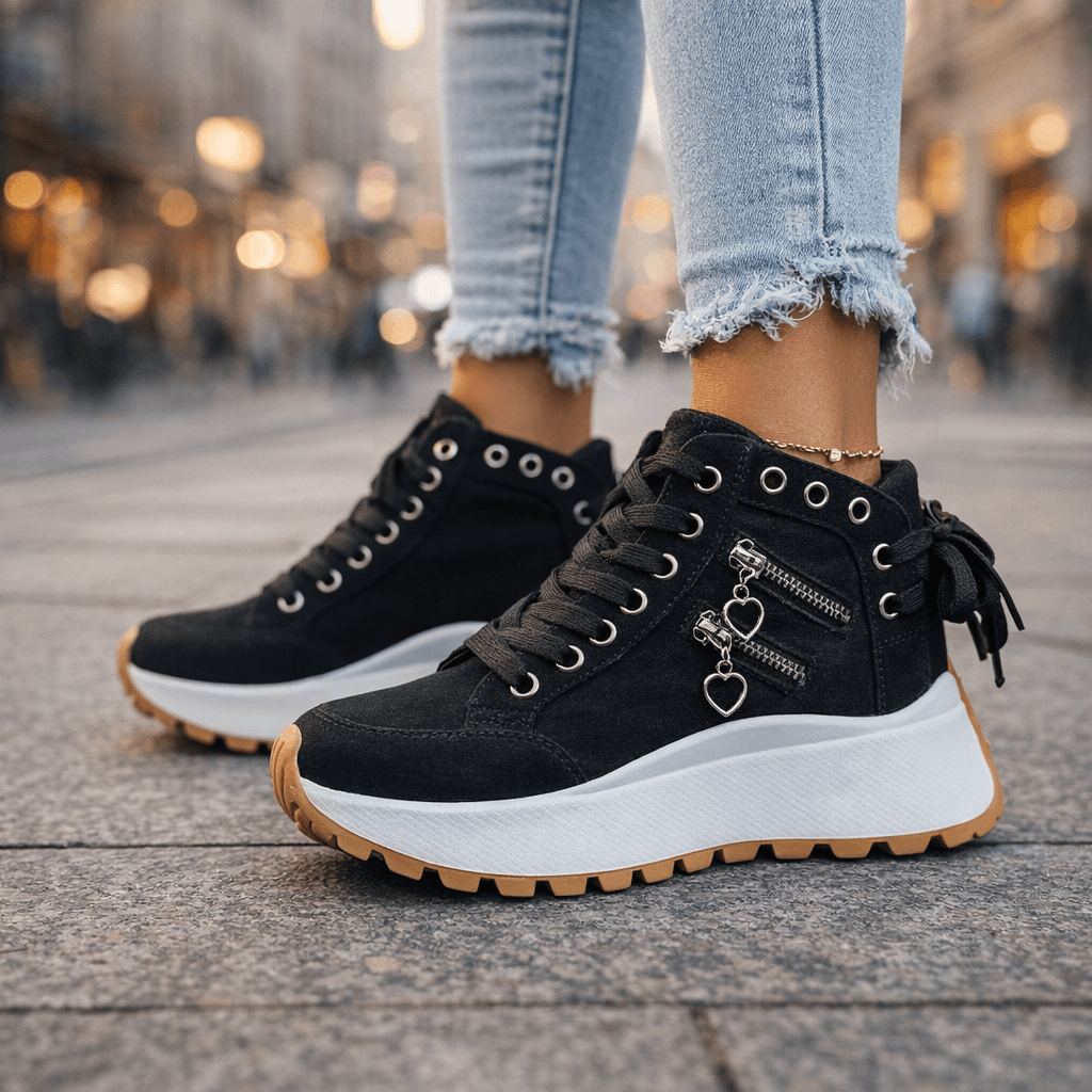 Women high top sneakers platform sole side zip detail in black