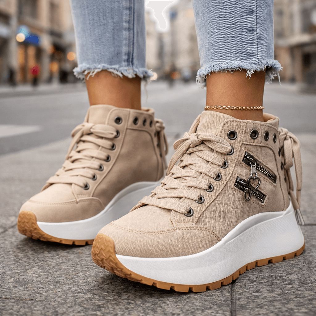 Women high top sneakers platform sole side zip detail in black