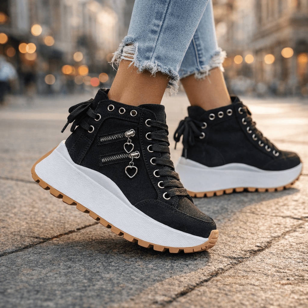 Women high top sneakers platform sole side zip detail in black