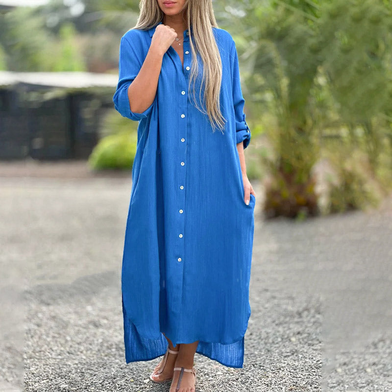 Women's Cotton Maxi Dress | Button-Down Shirt Style, White