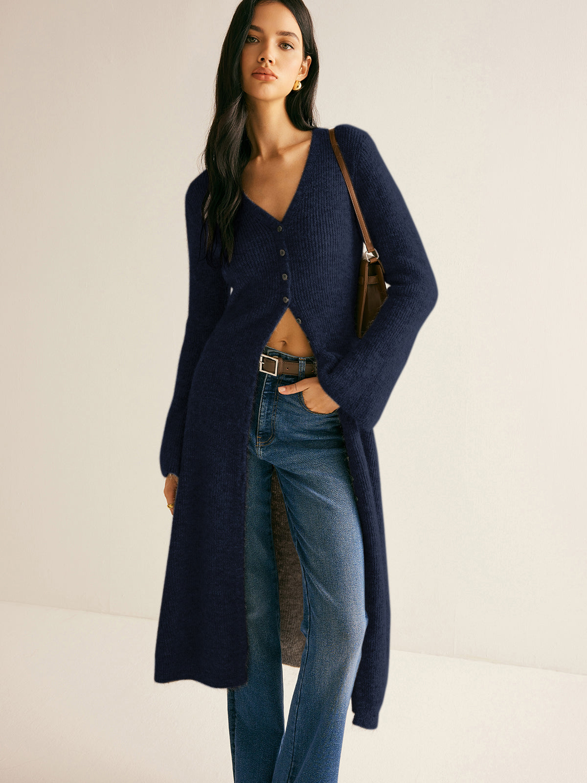 Women knit sweater dress V-neck midi length button front shift fit