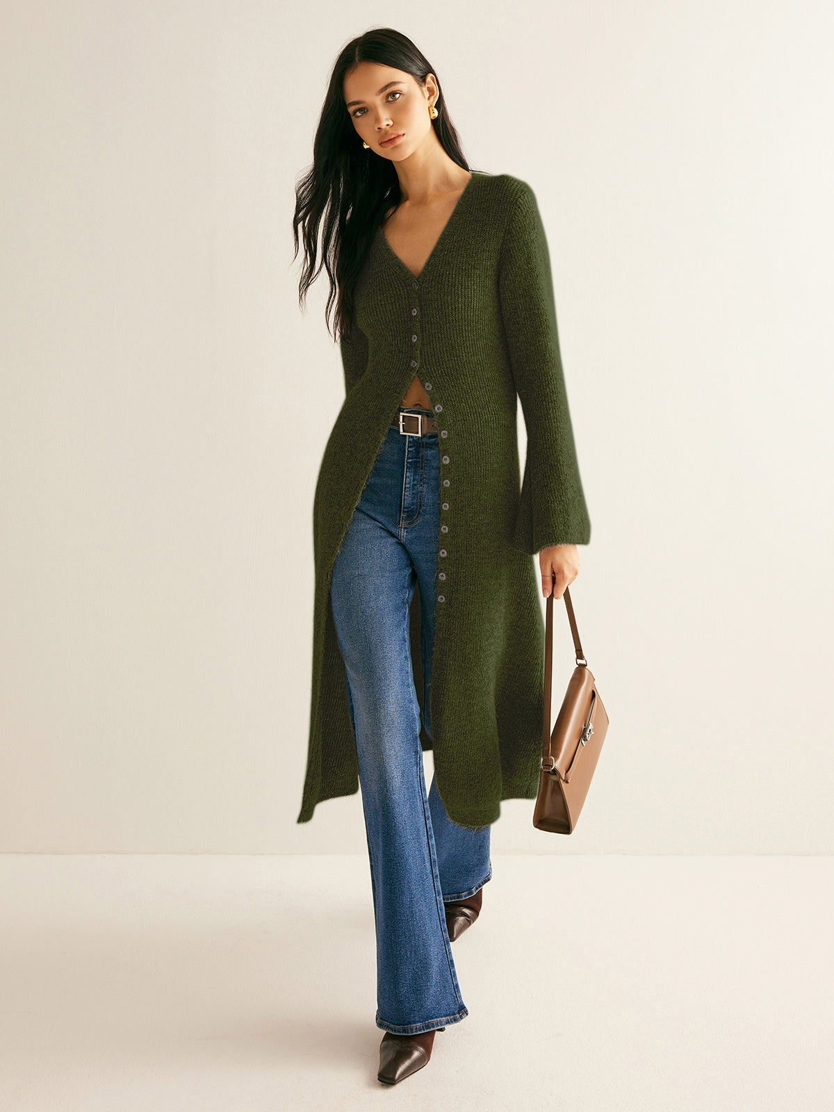 Women knit sweater dress V-neck midi length button front shift fit