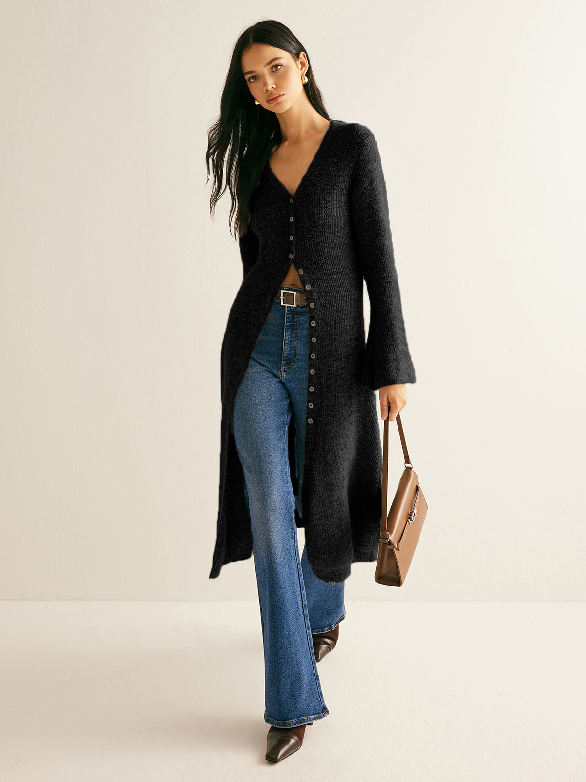 Women knit sweater dress V-neck midi length button front shift fit