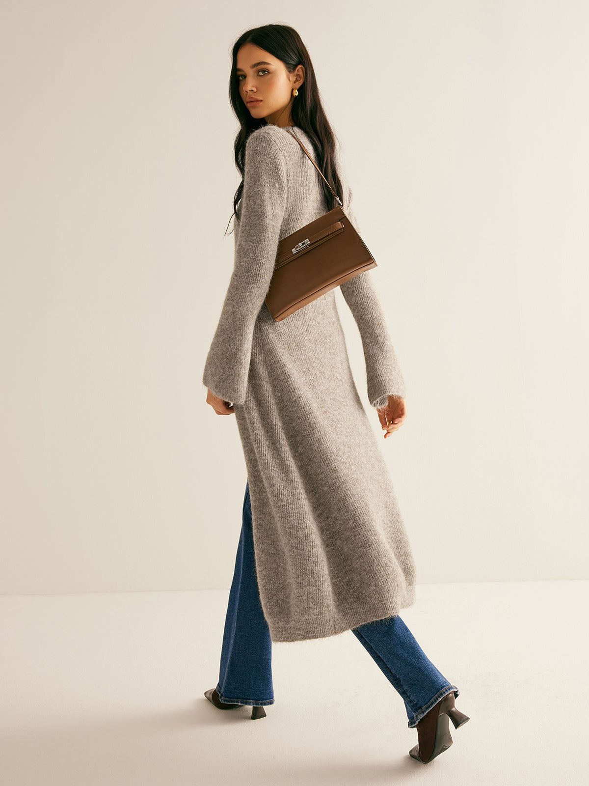 Women knit sweater dress V-neck midi length button front shift fit