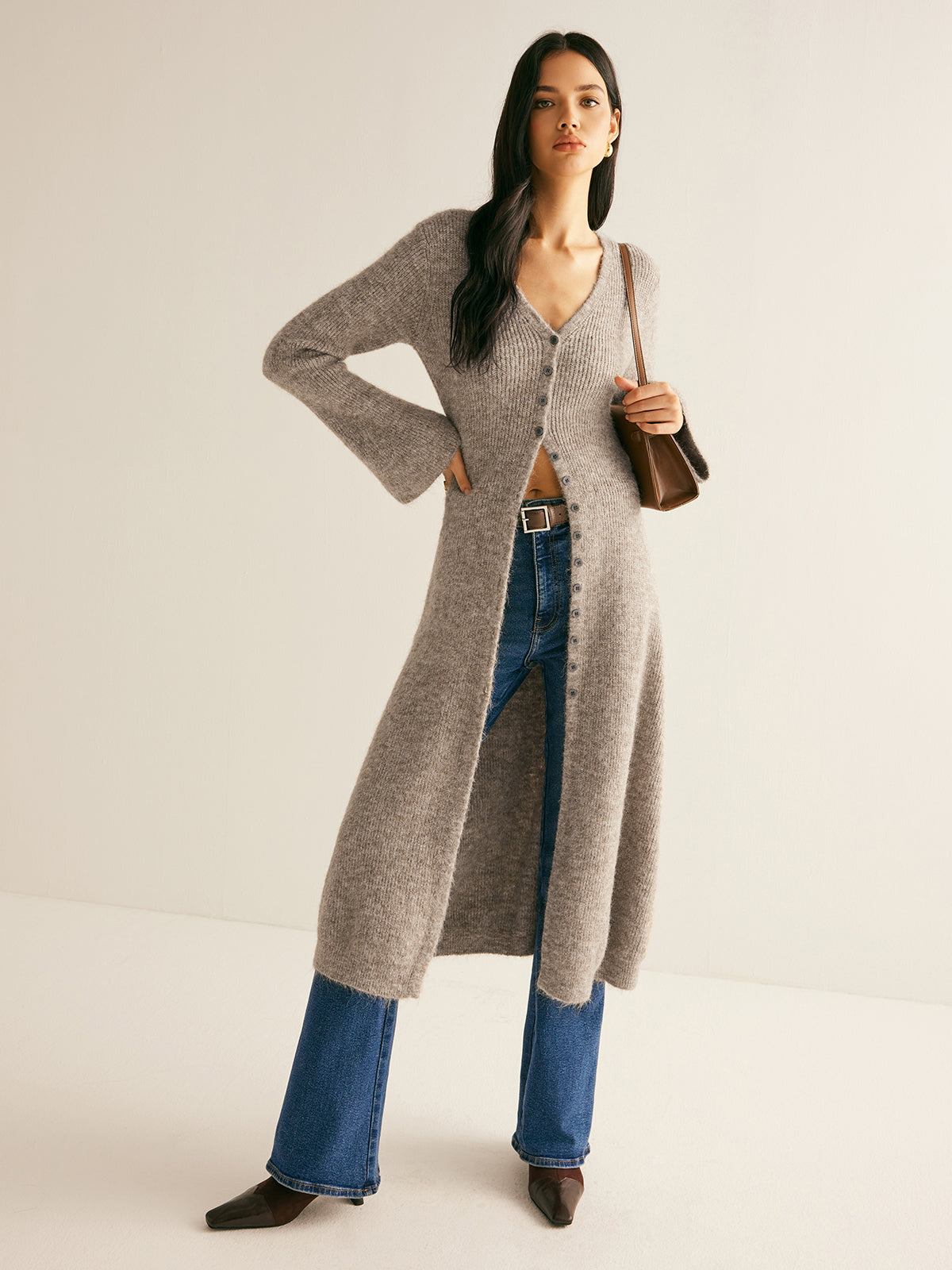 Women knit sweater dress V-neck midi length button front shift fit