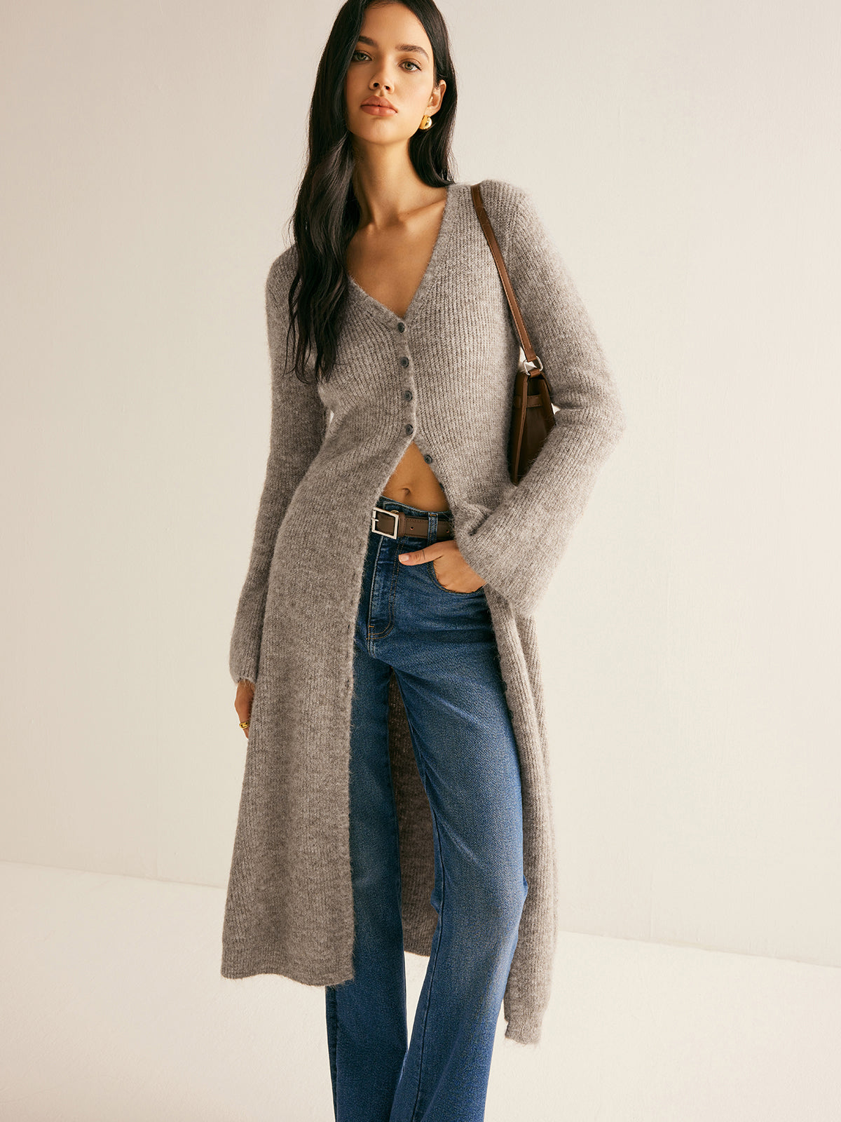 Women knit sweater dress V-neck midi length button front shift fit