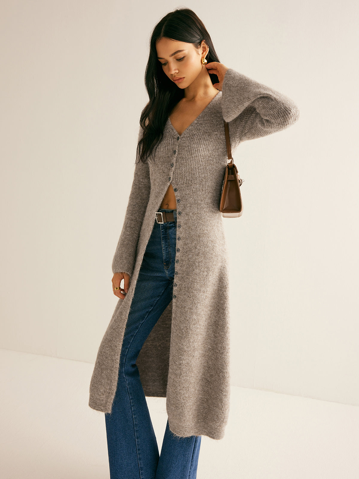 Women knit sweater dress V-neck midi length button front shift fit