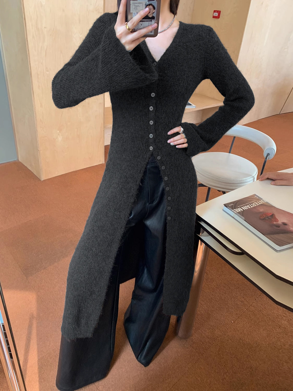 Women knit sweater dress V-neck midi length button front shift fit