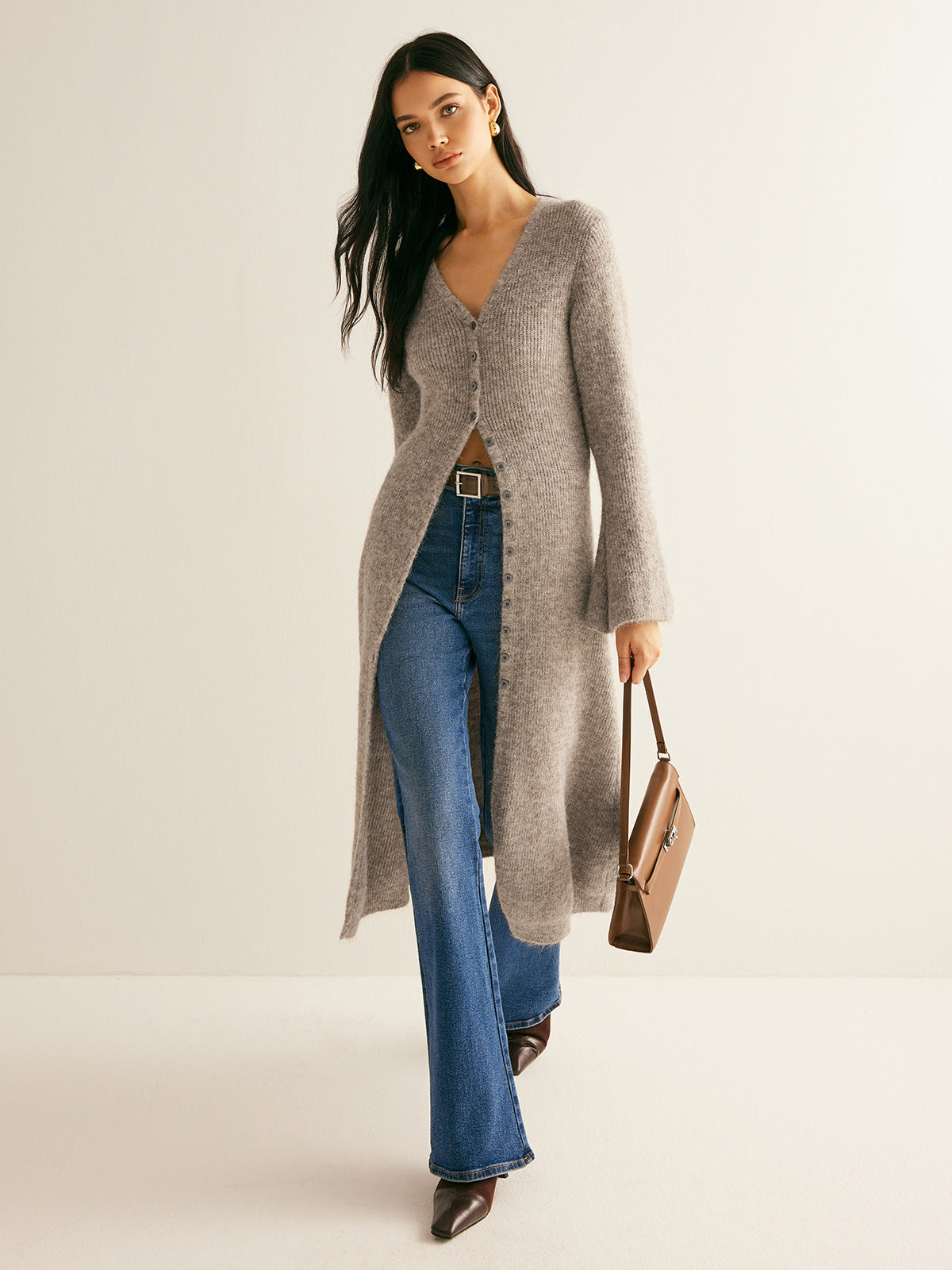 Women knit sweater dress V-neck midi length button front shift fit