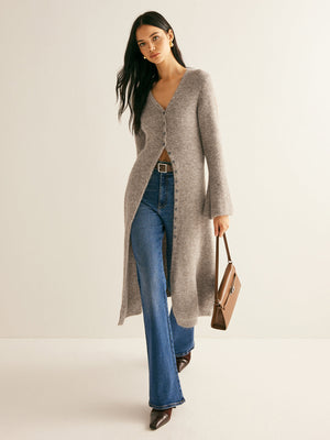 Women Knit Sweater Dress V-Neck Midi Button Front