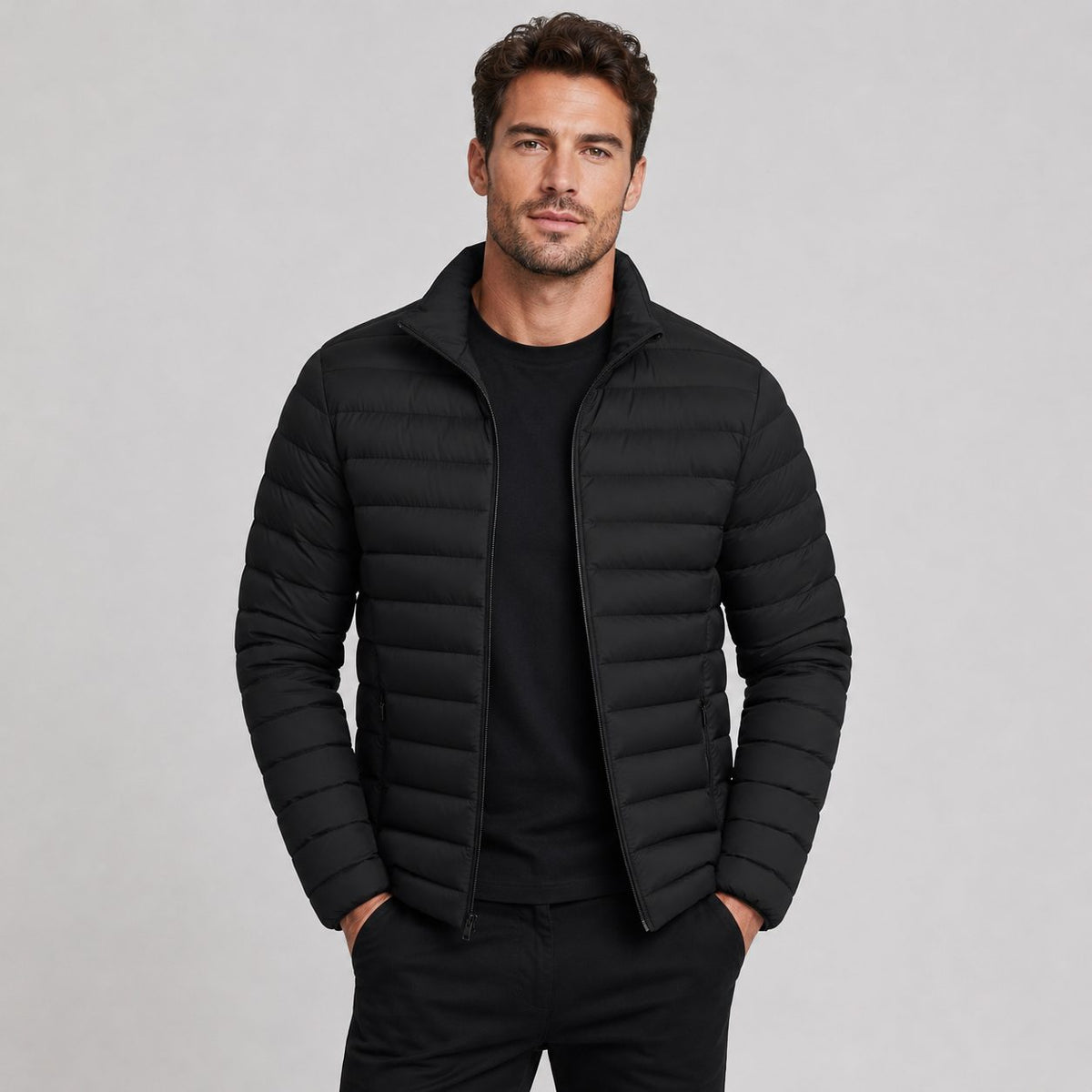 Mens puffer jacket stand collar, quilted lightweight design