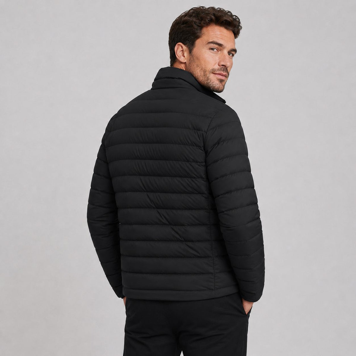 Mens puffer jacket stand collar, quilted lightweight design
