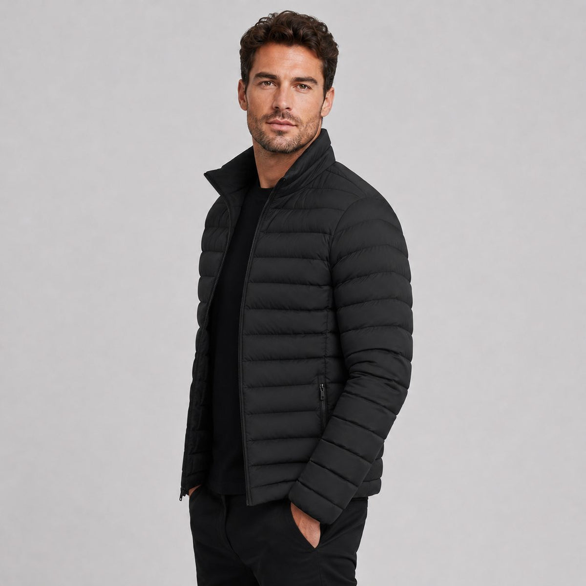 Mens puffer jacket stand collar, quilted lightweight design