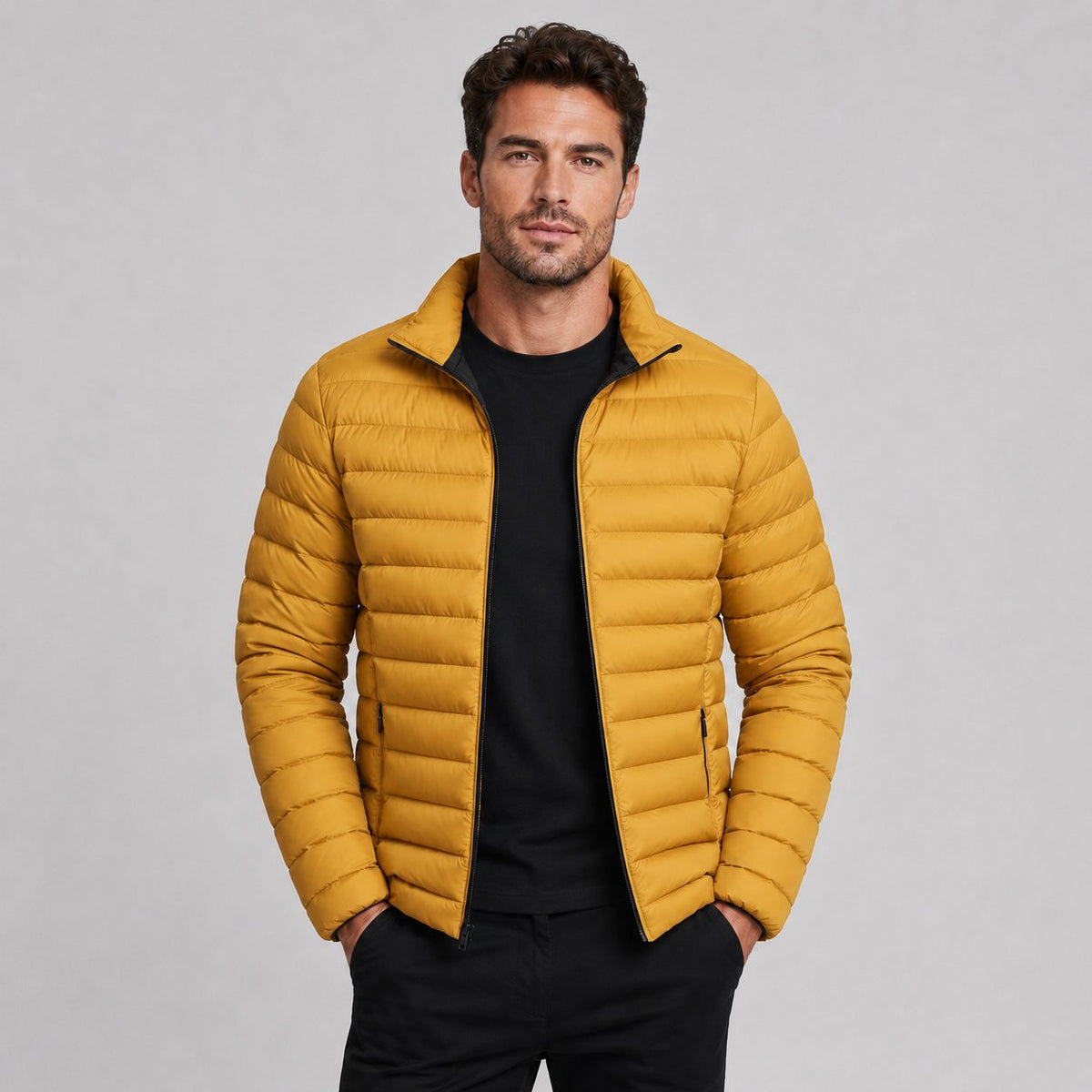 Mens puffer jacket stand collar, quilted lightweight design